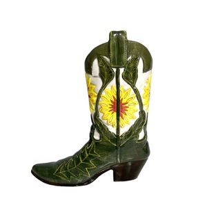 Ceramic Western Cowboy Boot Vase Accent Decor Olive Green and Sunflower Design